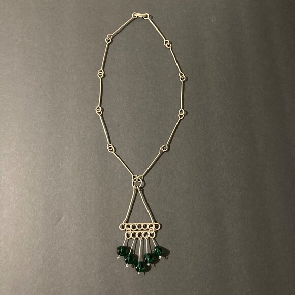 Vintage Statement Artisan Necklace Silver Tone Green Glass Bead - Picture 1 of 7